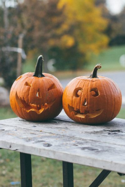 Two carved pumpkins